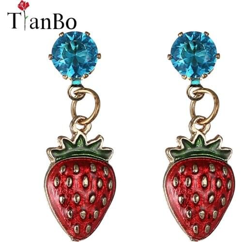 TianBo Fashion Women Jewelry Gold-Color Crystal Stud Earrings Party Red Enamel Cute Strawberry Earrings Female Brincos