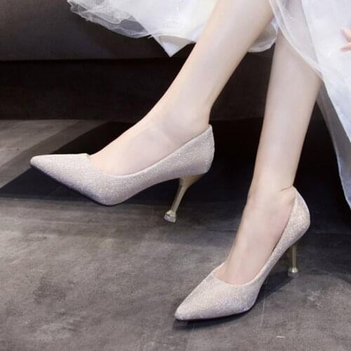 Plus Size 34-41 Women Wedding Shoes High Heels Bling Bridal Shoes Silver Woman Pumps Dress Shoes Pointed Toe zapatos mujer
