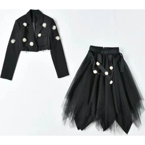 Womens Set 2021 Autumn Winter Fashion Skirt Suits Ladies Appliques Floral Deco Long Sleeve Coat Jackets+Sexy Tulle Mesh Skirts
