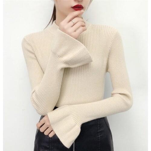 Half Turtleneck Women Sweater Korean Basic Pullover Autumn Winter New Thick Flare Sleeve Slim All Match Knitted Tops Pull Femme