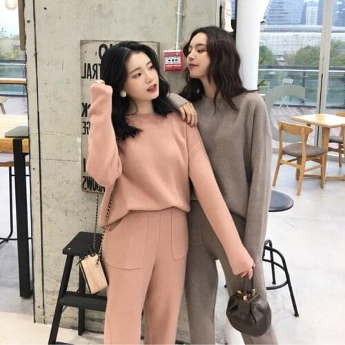 2021 Knitted 2 pieces Set Women Autumn Winter Thick Warm O-neck Loose Sweater+Ankle-Length Pants Warm Cashmere Suit