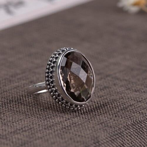 FNJ 925 Silver tea-coloured citrine Rings Original S925 Solid Prue Silver Ring for Women Jewelry Vintage Smoky Quartz