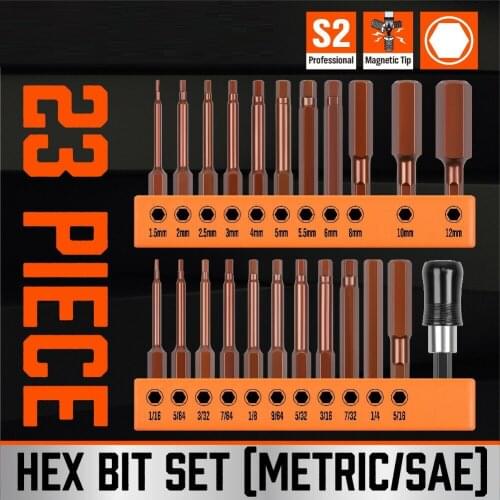 23PC Hex Head Allen Wrench Drill Bit Set Screwdriver Metric & SAE S2 Steel 1/4" Hex Wrench Extension Drill Bits Socket Adapter