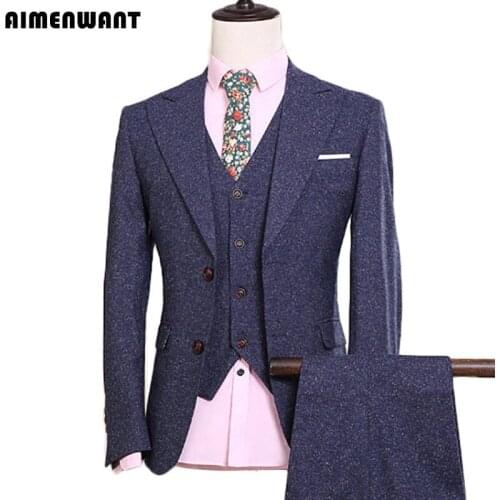 AIMENWANT Brand Advanced Custom Suit For Men Top Quality Tailored Size Blue Blazer Slim Groom Wedding Suits Blue 3-piece Suit