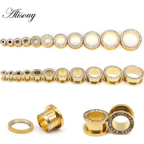 Alisouy Gold Ear Plugs Tunnels with Crystal Screw Fit Flesh Tunnel Ear Expanders Stretching Kit Piercings Plug Ear Body Jewelry