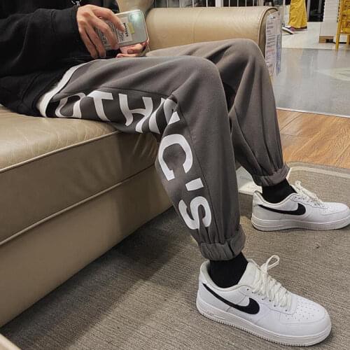Autumn Letter Printed Pants Mens Korean Fashion Loose Cropped Pants Casual Velvet Sweatpants Male Street Wear Hip Hop Clothing
