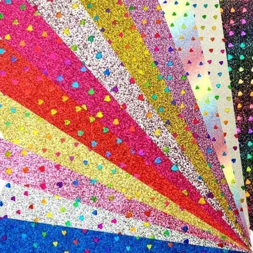 Colorful Iridescent Heart Shape Design Fine Glitter Shiny Printed Faux Leather Fabric Sheet for Making Shoe/Bag/Hair Bow/Craft