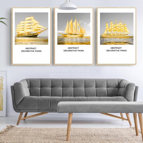 Canvas Painting Golden Sailing Boat Sea Wall Art Print Nordic Poster Landscape Chic Wall Drawing Ornament For Cafe Bedroom Shop