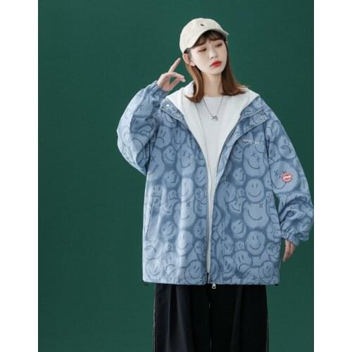 Fake Two Piece Hooded Fall Oversize Casual Womens Fashion Jackets Blue Grey Black Color Smile Pattern Spring Autumn Female Coat