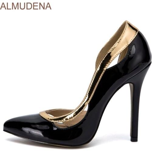 ALMUDENA Delicate Gold/Black Shiny Patent Leather High Heel Shoes Pointed Toe Sexy Cocktail Party Shoes Cut-out Dress Pumps