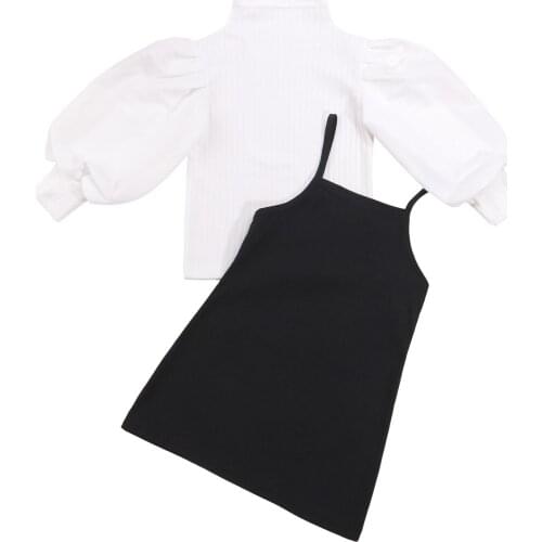 New 2 Pieces Kids Suit Set, Solid Color Mock Neck Long Puff Sleeve Ribbed Tops+ Slip Dress for Toddler, 1-6 Years