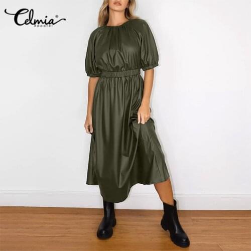 Autumn Women PU Leather Dress 2021 Celmia Vintage Puff Sleeve High Elastic Waist Long Sundress Solid Casual Party Midi Vestidos