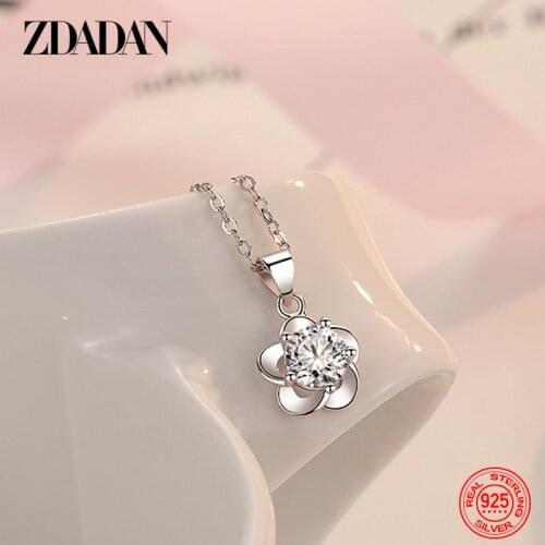 ZDADAN 925 Sterling Silver Zircon Flower Necklace For Women Amethyst Chain Temperament Jewelry Gift