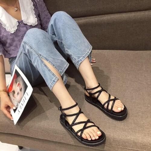 Sexy Flat Heel Women Sandals Ankle Strap Comfort outdoor sandals Ladies Summer Shoes Cross-tied Solid Light Weight Footwear