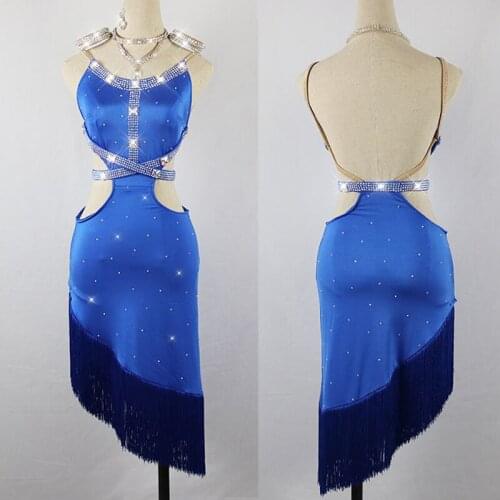 Latin Dance Dress Blue Sexy Halter Sling Fringed Skirt Bling Rhinestone Tango Salsa Cha Cha Rumba Samba Stage Show Wear DNV11777