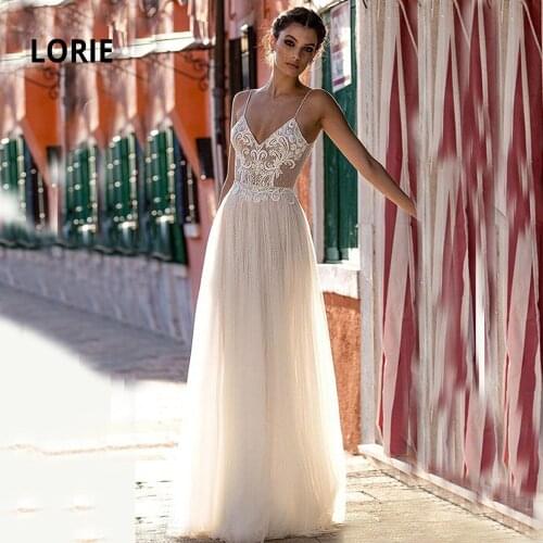 LORIE Beach Wedding Dresses 2020 Boho Lace Appliqued Soft Tulle Bridal Gowns Spaghetti Straps Open Back Princess Party Dresses