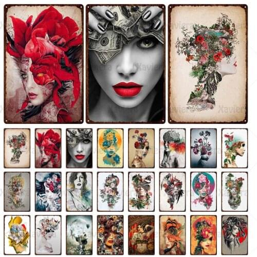 Sexy Woman Portrait Flower Metal Plaque Retro Tin Sign Abstract Graffiti Art Iron Painting Home Decoration Bedroom Club Man Cave