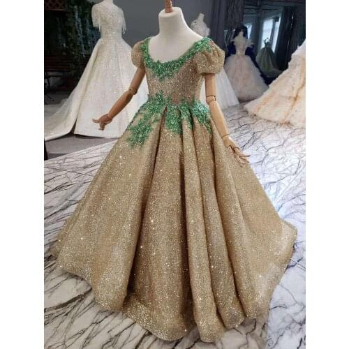 Gold Sequined 2021 Flowers Girls Pageant Dress Fluffy Skirt Lace Appliqued Kids Prom Gowns Beads Ball Gown Flower Girls Dress