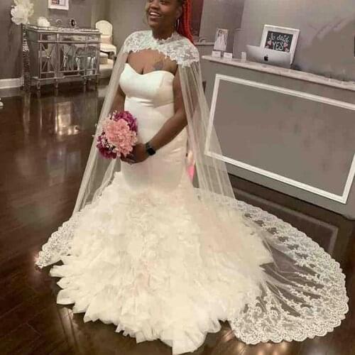 African Plus Size Wedding Dresses Wrap Lace Appliques Ruched Back Lace Up Mermaid Wedding Dress Tulle vestido de novia