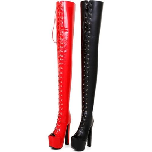 T-show Stage Runway 17cm High Heels Women Crotch Boots Chunky Platform Goth Cross Tie Open Peep Toe Woman Thigh High Boot Shoe