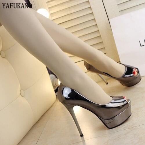 13cm Super High Heels Stiletto Peep Toe Platform Womens Pumps Fashion Patent Leather Metal Color High Heels Party Wedding Shoes