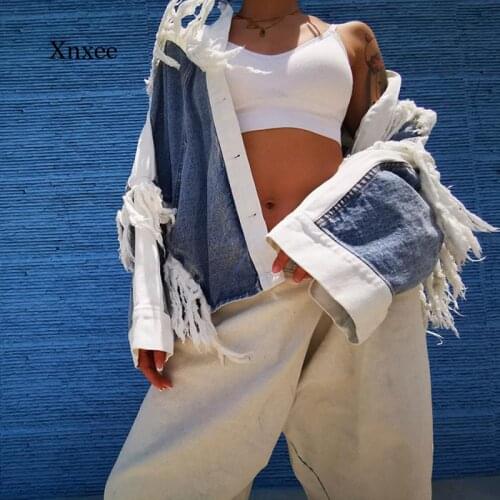 2021 Spring and Autumn Womens Stitching Tassel Denim Jacket Lapel Long-Sleeved Street Style Jacket Women Fashion New Clothing