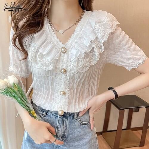 Summer Women Shirt 2021 Korean Chic Ruffle Blouse White Chiffon Lace Blouse Sweet V-neck French Vintage Short Sleeve Tops 15273