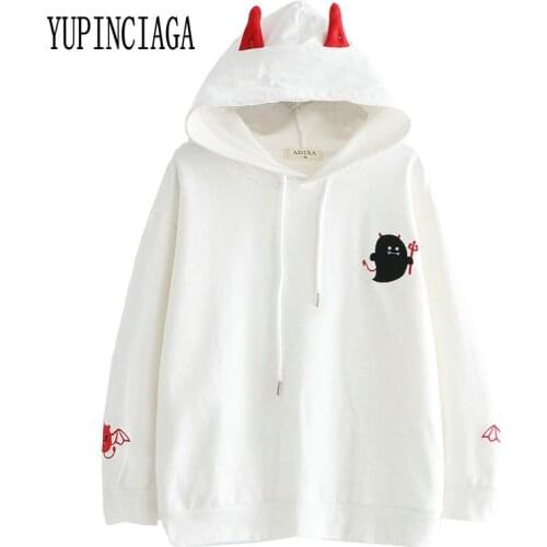 Women Harajuku Cartoon Demon Embroidery Hooded Sweatshirts With Ears On Hood 2020 Spring Long Sleeve Casual Loose Hoodies