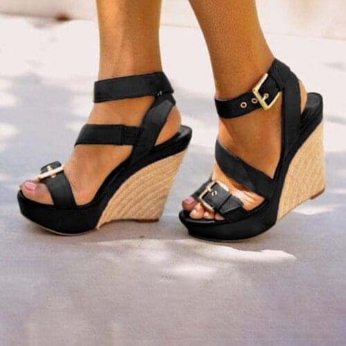 Womens Large Size Sandals Womens Sandals High Quality Open Toe Wedges Thick Bottom Straps Buckle Shoes Roman Womens Sandals