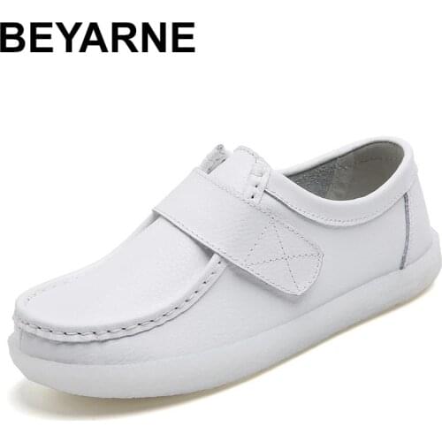 BEYARNEWinter Women Shoes Warm Plush Cowhide Flats SnowBoots White Sneakers Non-slip Nurse Shoes Autumn Comfortable Lady Footwer