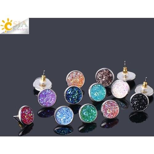 CSJA Women Gems Druzy Jewelry Stainless Steel Push Back Silver Color Stud Earrings Simple Design Fahion Jewellery Brinco S329