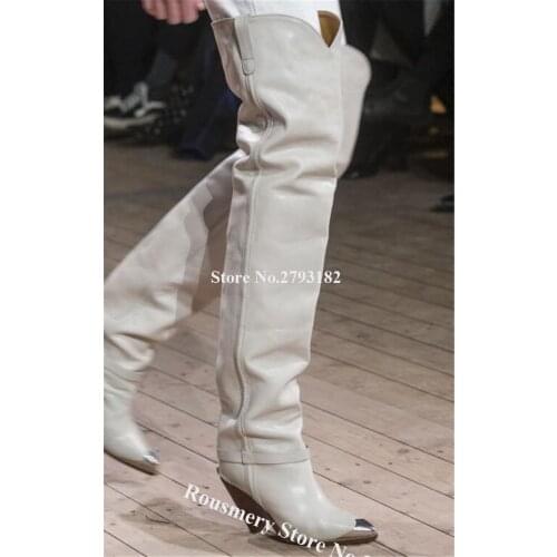 Brand Design Women Fashion Pointed Metal Toe Over Knee Spike Heel Boots Slip-on Long Strange Heel Boots Western Motorcycle Boots