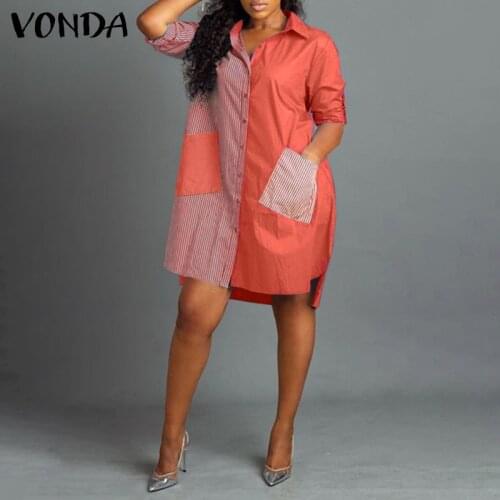 Office Dress VONDA Women Long Sleeve Baggy Vestidos With Pockets Casual Lapel Collar Button Up Dresses Vintage Striped Robe