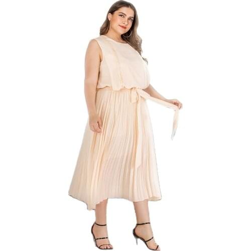 2021 Summer New Solid Maxi Dress Sleeveless Elastic Waist Bowknot Pleated Big Chiffon Dresses Plus Size Womens Clothing Платье