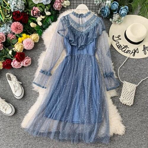 Young Gee 2021 Autumn Winter Vintage Lace Floral Midi Dress Elegant Women Party Long Sleeve Pearls Beading Mesh Ruffles Dresses