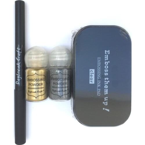 Gold silver Embossing powder with clear sticky ink pad and pen