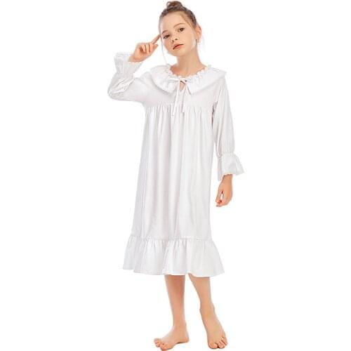 100% Cotton White Girls Night Dress Classi Vintage Girl Nightgown Long Pajamas Dress Princess Nightgowns Home Sleeping Sleepwear