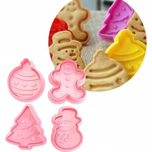 4pcs/set Christmas Cookie Cutters Stamp Mold Plastic 3D Cake Biscuit Plunger Mould DIY Pastry Baking Tools Biscuit Cutters