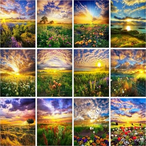 Huacan 5d Diamond Painting Sunset Natural Scenery Home Decor Mosaic Embroidery Field Flower Plant Landscape Crystal Wall Decor