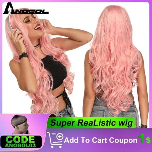Anogol Long Body Wave Pink High Temperature Fiber Burgundy Grey Blonde Orange Synthetic Lace Front Wig For Women Free Part