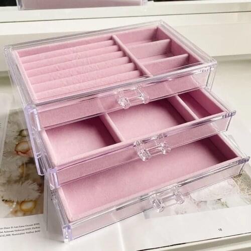 New Velvet Three-Layer Jewellery Storage Box Acrylic Organizers Earring Rings Necklace Large Space Jewellery Case Holder Women