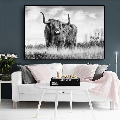 Black and White Freedom HIGHLAND COW Animal Canvas Painting Posters and Prints Scandinavian Yak Wall Art Picture for Living Room
