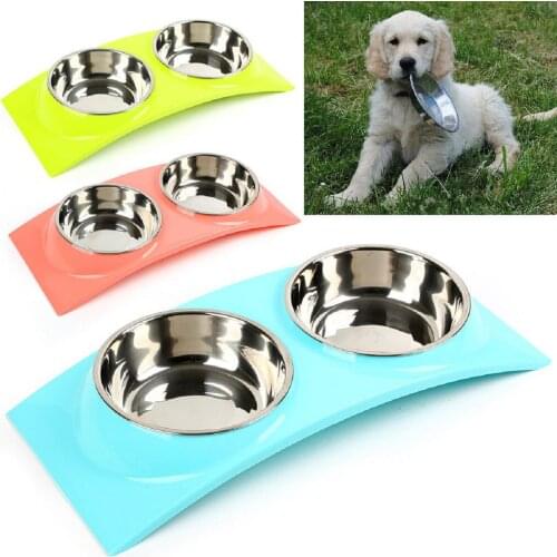 Stainless Steel Double Bowls Pet Dog Cat Puppy Food Water Feeder Feeding Dish