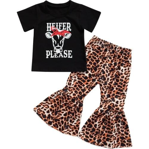 Fashion Toddler Baby Girls Clothes Kids Children Summer Short Sleeve Letter T-shirt Tops Leopard Flare Pants Outfit Sets 0-5Y