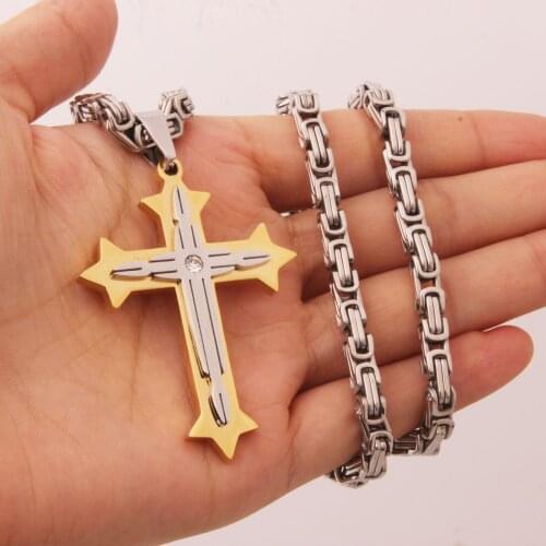 Fashion Gold Cross Christ Jesus Pendant Necklace Stainless Steel Link Byzantine Chain Heavy Men Jewelry Gift 5mm 18-36"