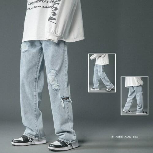 2021 Mens Fashion Solid Color Blue Hole Jeans Retro Style Loose Casual Pants Streetwear Hip Hop Trousers Plus Size M-2XL