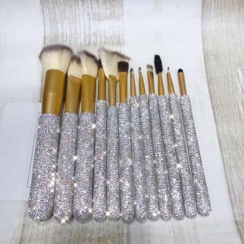 12pcs/set Bling Rhinestones Makeup Brushes Tool Set Cosmetic Powder Eye Shadow Foundation Blush Blending Beauty Make Up Brush