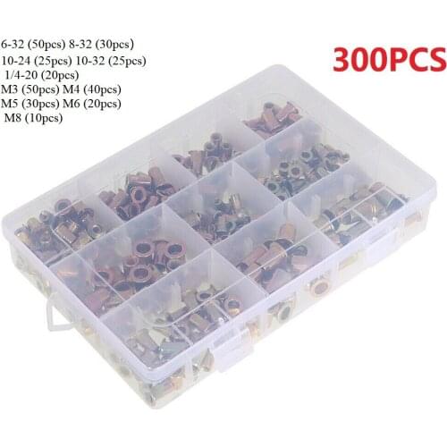 300Pcs Zinc Steel Rivet Nut Kit Rivnut Nutsert 150pcs Metric + 150pcs SAE Flat Head Threaded Rivet Insert Nutsert Cap Rivet Nut