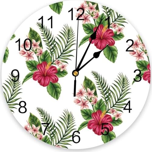 Tropical Plant Leaves Watercolor Hibiscus Flower Wall Clock Modern Design Hanging Watch for Home Decoration Living Room Wall Art