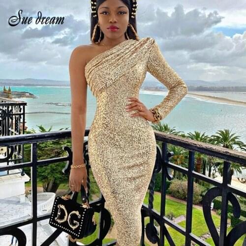 2020 Summer New WomenS Sexy One-Shoulder Long-Sleeved Sequin Dress Bodycon Celebrity Club Party Dress Vestidos